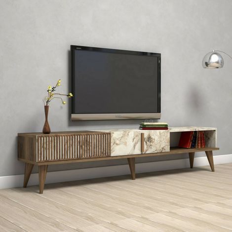 Dmora - Fernsehschrank Aquila, Ständer für Wohnzimmerfernseher, Niedriges Wohnzimmer-Sideboard, TV-Ständerbasis, 180x35h40 cm, Walnuss und Weiß, mit verstärkter Verpackung (1/5)