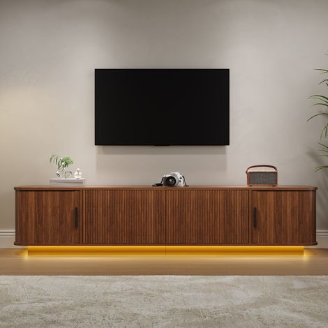 Modernluxe - Meuble TV d'angle arrondi 180x40x40 cm - Éclairage LED - 2 tiroirs à motif ondulé et 2 portes coulissantes - MDF - Marron (1/5)