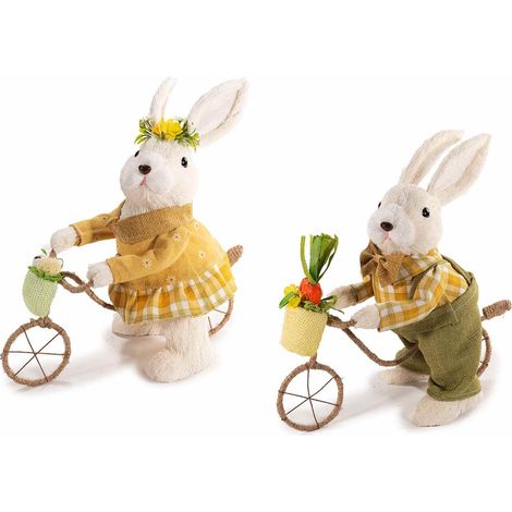 Conigli Pasquali in Fibra Naturale con Bicicletta, Idea Regalo, Set da 2 (1/4)