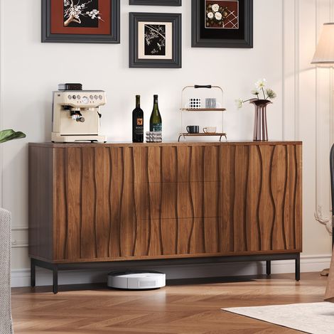 Buffet 150cm chêne foncé 3 tiroirs, rangement spacieux style mid-century pour salon, entrée et cuisine (1/5)