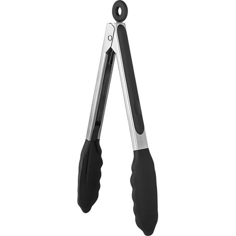 23 cm 315 ℃ Pince de cuisine en silicone résistant à la chaleur avec embouts en caoutchouc antiadhésif hermétiquement scellés et poignée en acier revêtue de silicone pour servir (Noir)