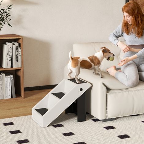 Escalier à trois marches hauteur 36,5 cm pliable blanc crème pour petits chiens afin d’accéder au lit, canapé ou voiture (1/4)