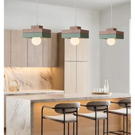 4x Lustre Suspension en Carre Bois,18cm Moderne Lampe de Plafond Vintage Industriel E27 Suspension Reglable pour Salon Chambre (1/5)