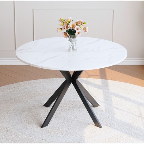 Tavolo da pranzo rotondo 110 cm bianco marmo nero in MDF e metallo con base a X stabile (1/5)