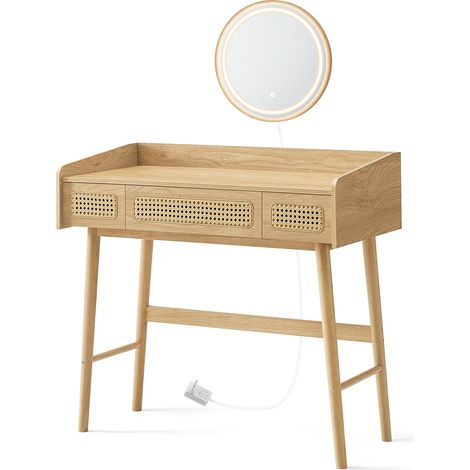 Coiffeuse avec Miroir et Lumière, 3 Tiroirs Imitation Rotin, Lumière Réglable avec 3 Couleurs, Style Bohème, Chambre, Beige (1/5)