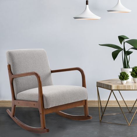 Gepolsterter Schaukelstuhl im Vintage-Design aus Holz und grauem Polyester, für den Innenbereich, Büro, Wohnzimmer, 64 x 86 x 80 cm