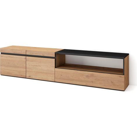 Skraut Home - Mueble TV, Televisión, Muebles de salón, almacenaje, 200x45x35cm, Para TV hasta 80", Con almacenamiento, Estilo Moderno, Roble y negro