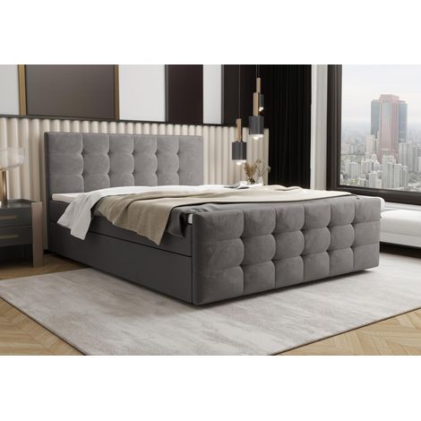 Lit Boxspring Coria - Gris - 200x200 Cm - Lit Avec Rangement - Lit Moderne - Matelas À Ressorts Bonnell (1/5)