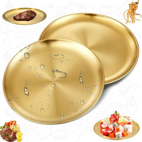 Lot de 2 assiettes rondes en acier inoxydable doré, diamètre 23 cm. Idéales pour le camping, les pique-niques, les fêtes et les restaurants. Parfaites pour la cuisine, le camping, les repas en plein a (1/5)
