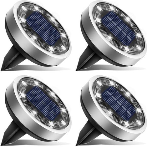 4 focos solares planos, redondos y resistentes al agua para exteriores, con luz blanca fría brillante, céspedes y caminos (1/5)
