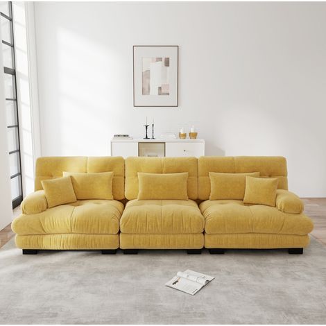 Sofá modular de 3 plazas en chenilla, asiento profundo, amarillo DESVIAE (1/5)