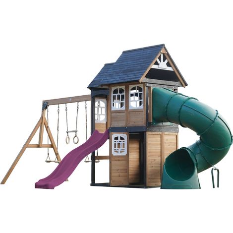 Axi Noud Aire De Jeux En Bois, 2 Balançoires, Toboggan Tubulaire Et Toboggan Violet Maisonnette Xxl Pour Enfants Avec Structure D'Escalade Et Trapèze Pour Le Jardin