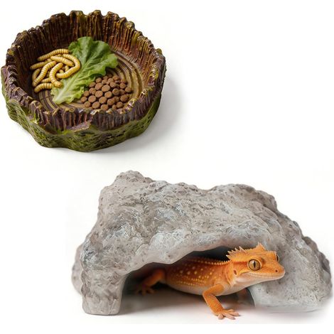 2 Pièces Cachette de Roche Reptiles avec Gamelle, Grotte Terrarium  Grotte pour Tortue Terrestre Décoration Reptile Roche, pour Petits Lézards Tortues Décorations D'aquarium Amphibiens (1/5)