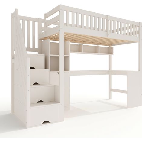 Kinder-Hochbett 90 x 200 cm weiß mit Stauraumtreppe und Eckschreibtisch MODENUIT (1/5)