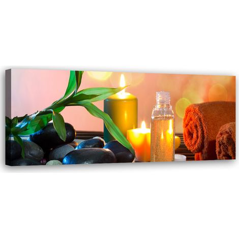 Tableau sur toile Bougie Zen Feuille Pierres 90x30 (1/5)