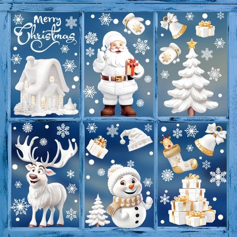 Autocollant Noël Fenêtre, Decoration Noel Interieur Maison Stickers Pere Noel Fenetre Réutilisable Amovible pour Magasin Vitre Vitrine Porte, Grand Coloré Autocollants Hiver Flocon de Neige Sticker (1/5)
