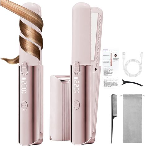 Lisseur et fer à boucler portable sans fil 2 en 1, batterie externe intégrée, 7 températures, écran LED, mini lisseur rechargeable pour les voyages, batterie 5000 mAh, rose (1/5)