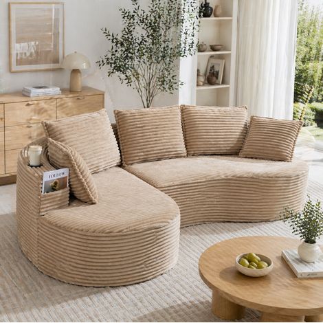 Divano 250.0x152.0x82.0 cm, design ad arco, portabicchieri e tasche laterali, corduroy kaki (1/5)