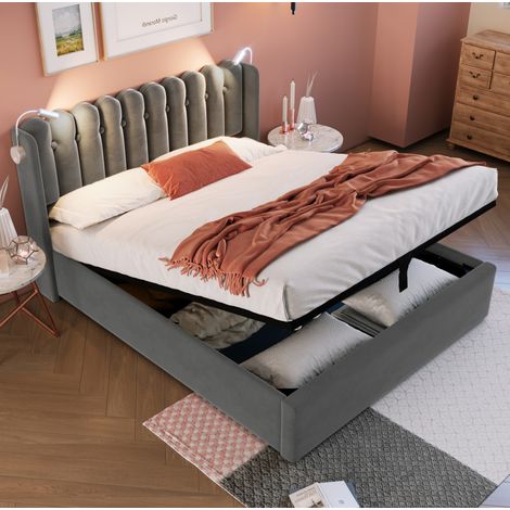 Lit double capitonné rustique velours gris 160x200 cm avec tête de lit, liseuse USB et coffre de rangement (1/5)