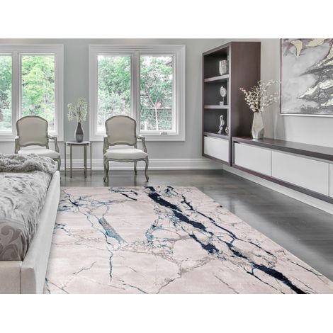 Aurora AU22 Quake Marbled Rug for Living Room Bedroom Lounge Quality Modern Abstract Soft Silky Shiny Blue Grey Rug in X-Large 200x290 cm (6'7"x9'6") (1/4)