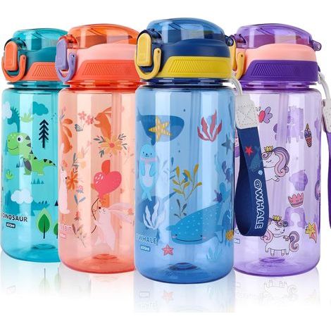 Gourde pour enfants avec paille, 600 ml, idéale pour l'école, anti-fuite, sans BPA, en Tritan, pour filles et garçons. Modèle Baleine bleue. (1/5)