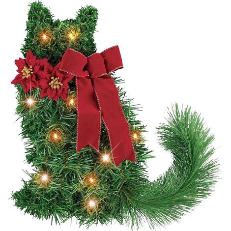 Guirlande Chat Noël - Lumières LED - Branches Artificielles - Nœud Rouge - Pour Porte Fenêtre Cheminée - 1 Pièce (1/5)