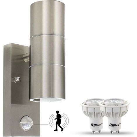 Lampes murales d'extérieur à détecteur de mouvement alimentées par secteur PIR Up Down Applique murale en acier inoxydable IP44 Lampes de sécurité de jardin + Ampoules LED 7W Blanc froid