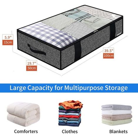 Sac de Rangement sous Lit Lot de 2, Closet Organizer Sac Souple, Pliable, Space Saver à 4 renforcé Poignées pour Ranger Les vêtements, Couettes, 100 x 50 x 15 cm, Noir Lin, DEXAUBBP2 (1/5)