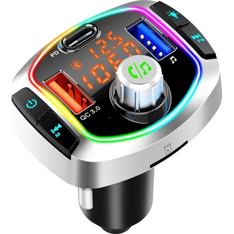 Transmetteur FM Bluetooth Voiture, Allume Cigare Adaptateur Emetteur Radio, Soutien QC3.0, UBS C Charge Rapide, Radio Lecteur de Musique MP3, Appels Mains Libres, 7 Couleurs Lumière (1/4)