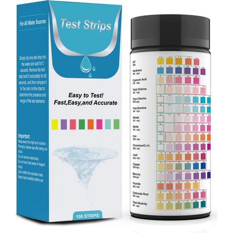 Potable Kit de Test D'eau, Bandelettes D'analyse,16 in 1 Bandelettes de Test D'eau, Lot de Bandelette Piscine, Qualité de L'eau à Domicile, Kit D'analyse de L'eau Potable(100Pcs) (1/5)
