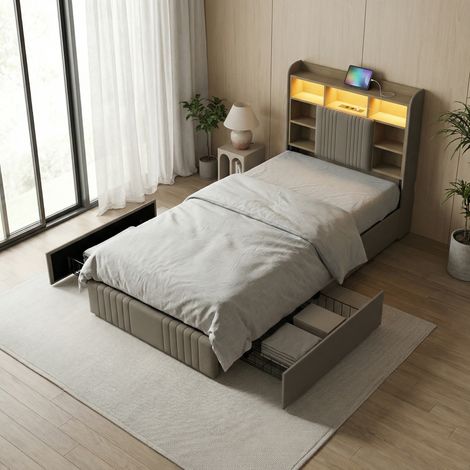 Lit adulte 90x200 cm, tête de lit de rangement et LED, 2 tiroirs et prises de charge, Cadre de lit en lin et bois, style moderne, Beige