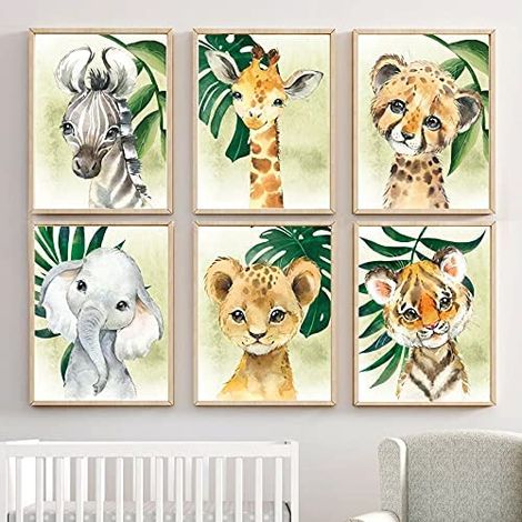 Poster Animal - 6 Dessins Aquarelle Jungle Safari - Format 21 x 30 cm - Non Encadré - Pour Chambre Enfant et Nourrisserie