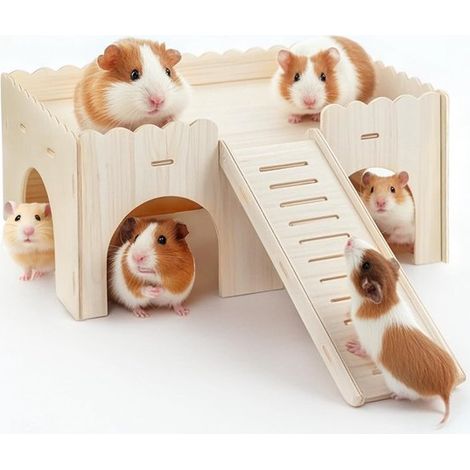 Longziming - Abri en bois pour cobayes - Maison en bois - Avec toboggan - Abri pour petits animaux - Construction en bois naturel - Bois non traité - Convient pour 2 à 4 cobayes ou autres petits ronge (1/5)