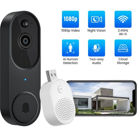 Drahtlose WiFi-Videotürklingel mit Zwei-Wege-Audio, KI-Bewegungserkennung, Nachtsicht und Cloud-Speicher nur 2,4-GHz-WLAN.