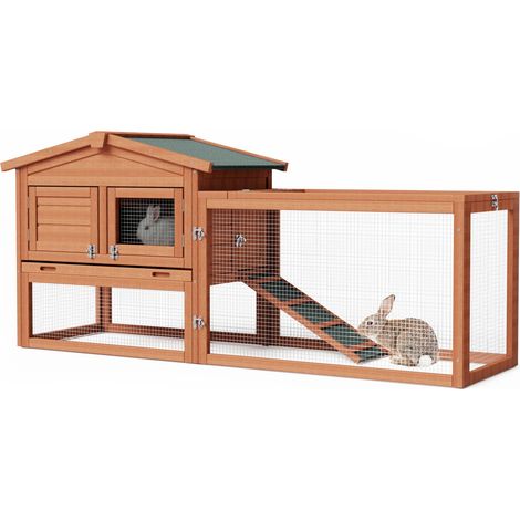 Wiltec Clapier XXL – 1560 x 520 x 680 mm – 2 étages – Toit bitumé – Bois sapin – avec Maisonnette superposée, Rampe, Enclos et bac amovible – Abri Cage rongeurs Lapinière Nichoir Espace libre