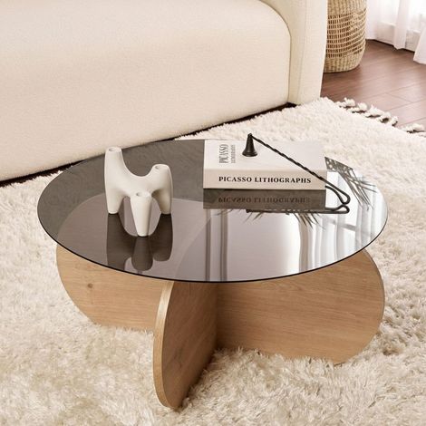 Couchtisch Cugnoli, Runde Form, Klarglasplatte, Gestell-Farbton Eiche, 75x75x35h cm Eiche Braun (1/5)
