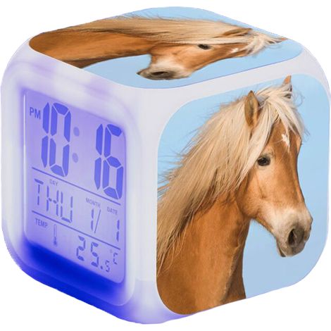 Réveil Numérique Chevaux - Affichage LCD Heure Date Température - Lampe LED Colorée à Toucher - Alerte Sonore pour Enfants - Alimentation USB ou Piles AAA - 1 Pièce (1/5)