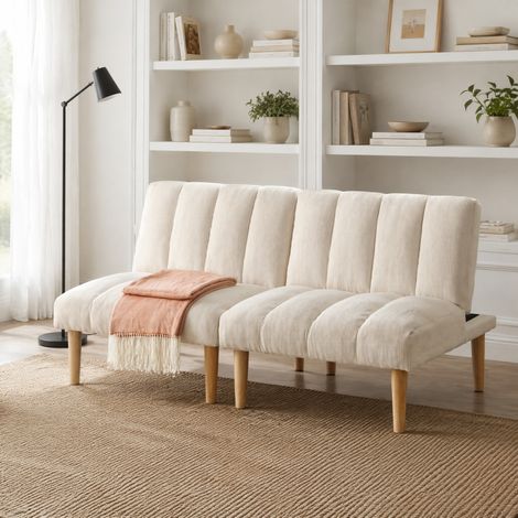 Sofá cama de 2 plazas en terciopelo acanalado, beige (1/5)