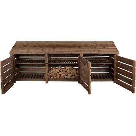 Slatted wooden log store with door and kindling shelf W-335cm, H-126cm, D-88cm - brown finish