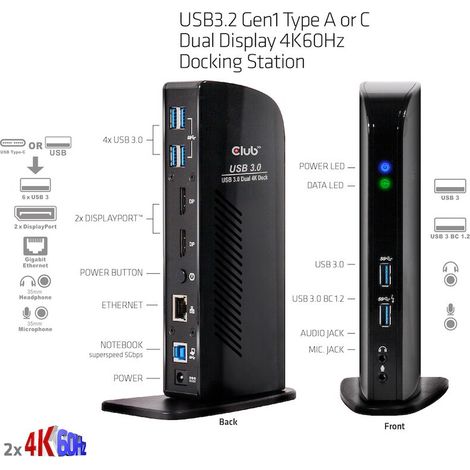 Club3D 4K Dockingst.60Hz USB3 -6xUSB3/2xDP/LAN/Audio bl. retail