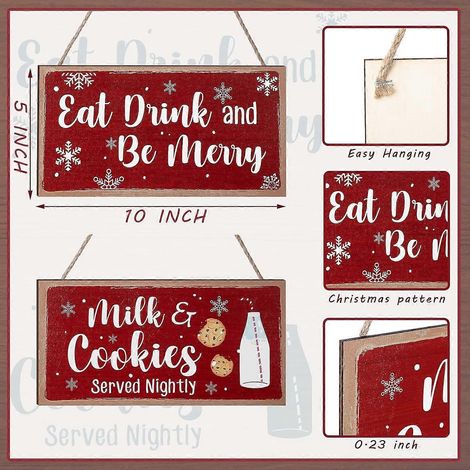 Set aus 2 hölzernen Weihnachtsschildern zum Aufhängen: „Essen, trinken und fröhlich sein“, „Jeden Abend Milch und Kekse serviert“, rustikale Wanddekoration für Weihnachten. (1/4)