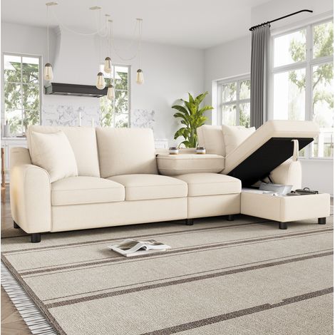 REDOM Sofá chaise longue en L 280x136x82 cm, arcón y respaldo abatible con portavasos, chenilla beige (1/5)