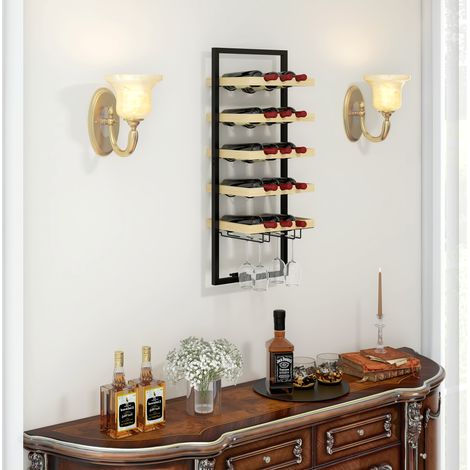 Botellero de pared de madera y acero, con capacidad para 15 botellas y 4 copas, ideal para bares, cocinas, salones, comedores y restaurantes. Color madera. (1/5)