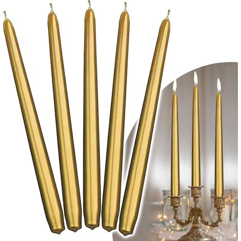 Lot de 10 bougies dorées h 29 cm, longues coniques en or métallisé élégantes décorations en cire de table pour célébrations, Nouvel An, anniversaire, Noël, pour chandelier (1/5)