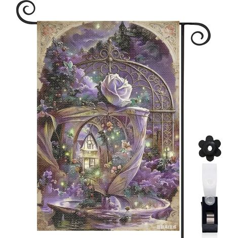 Drapeau vertical arche florale et rose blanche 30 x 45 cm décoration saisonnière cour (1/4)
