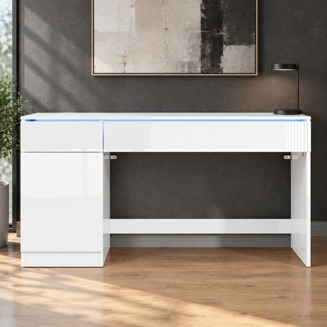 Escritorio 120 x 50 cm en aglomerado blanco brillo, LED, 2 cajones y 1 puerta - CHICFURN (1/5)