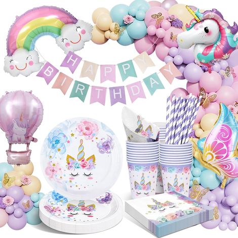Assiettes Anniversaire Licorne, Kit Deco Anniversaire Fille, Decoration Avec Ballon pour Fille Enfants Baby Shower 16 Invités (1/5)