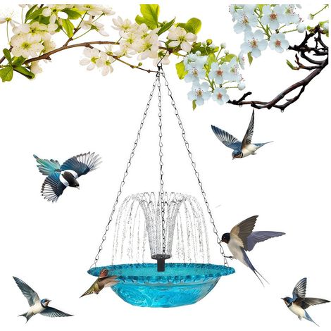 Bain d’Oiseaux Solaire pour Jardin, Abreuvoir et Mangeoire Suspendus pour Oiseaux Sauvages, Décoration Extérieure pour Balcon, Terrasse et Jardin, Attire Les Colibris (Bleu Simple)