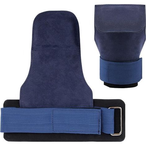 Protège-mains de musculation bleu, en cuir synthétique, avec sangle ajustable, pour tractions et haltérophilie (1/5)
