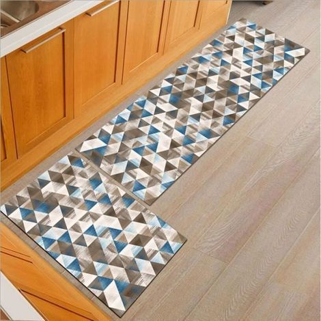 2 Küchenläufer für vor dem Spülbecken – Geometrische Muster in Braun und Blau – 40 x 60 cm und 40 x 120 cm